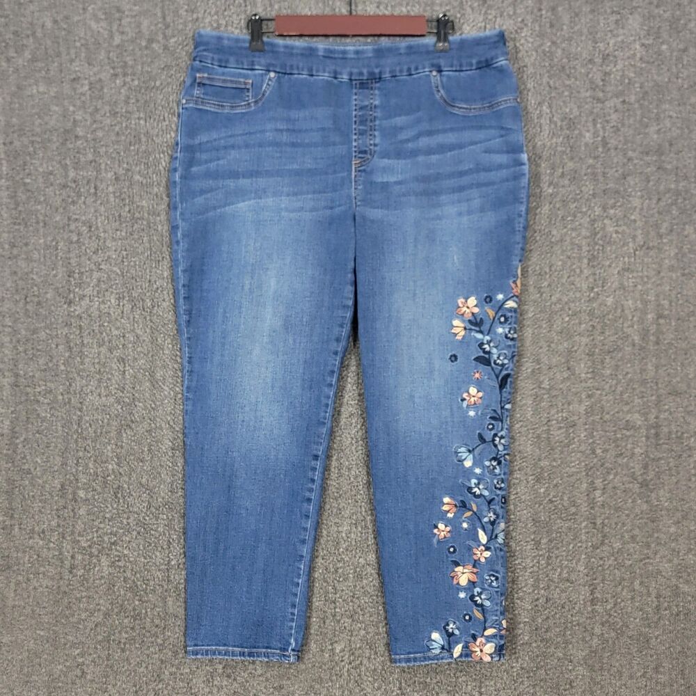 Chicos Jeans 3 Womens 16 Blue Pull On Jegging Ankle High Rise Floral Embroidered